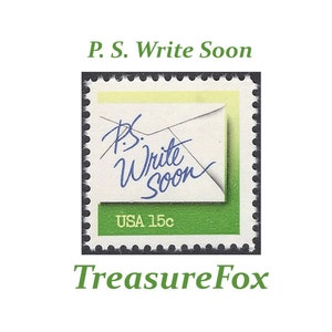 DIEZ sellos verdes/amarillos de 15 centavos "P.D." "Escribe pronto". Paquete de 10 sellos postales antiguos sin usar, de cartero, correo postal, oficina de correos y escritura de cartas.