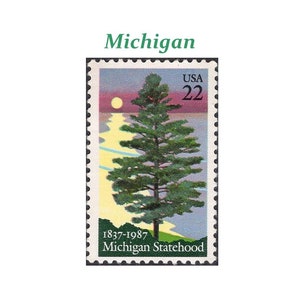 22c MICHIGAN Eigenstaatlichkeit Stempel | Vintage unbenutzte US Briefmarke | 10er Pack Stempel | Kiefer Baum | Große Seen | Vielfraße | Hochzeit am See