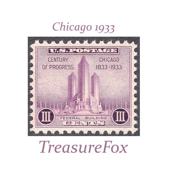FIVE 3c Chicago Century of Progress Stamp .. Vintage Unused US Postage Stamps | Worlds Fair | Illinois | Lake Michigan | Art Deco | 1930s