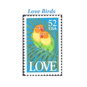 Cinco sellos de 52 centavos de "Agapornis". Sellos postales estadounidenses sin usar, sellos de amor, agapornis, franqueo de boda tropical, San Valentín, cartas de amor.