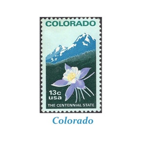 Sello de 13 centavos de Colorado / Sello postal antiguo sin usar / Paquete de 10 sellos / Novia de las Montañas Rocosas / Flor de Columbine / Esquí en la nieve
