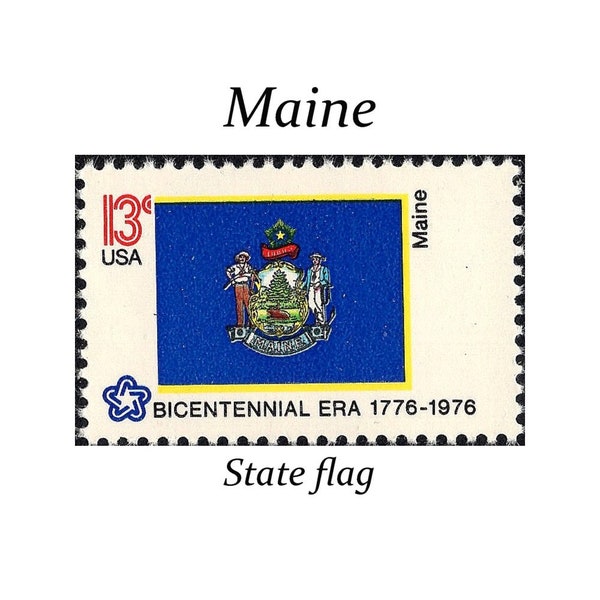 TEN 13c MAINE State Flag stamp | Vintage Unused US Postage Stamps | Northeast Bride | Boho Wedding | Chickadee | Pine Cone | Stamps for mail