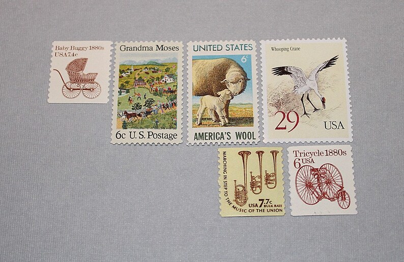 Baby Birthday .. LAMB and CRANES .. Unused Vintage Postage Stamps .. enough to mail 5 letters Birthday party invitations, Baby showers image 2