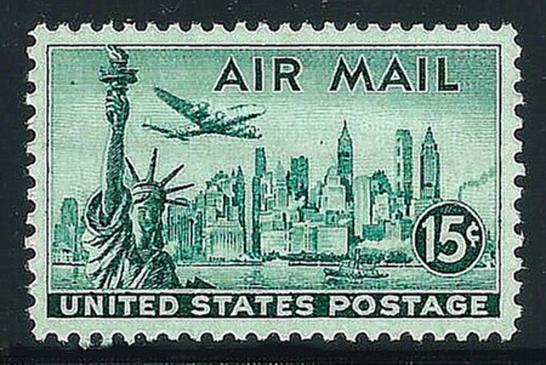 TEN 15c Statue of Liberty Airmail Stamp .. Vintage Unused US Postage Stamps  .. Pack of 10 New York City Big Apple Immigrants 