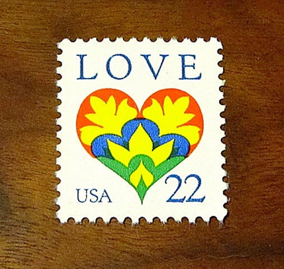LOVE Stamp Set of 50 .. Unused Vintage US Postage Stamps .. 22 cent  Stenciled Multicolored Heart. Postage for mailing, Dutch Country theme