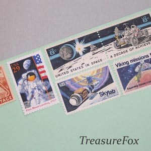 Viagem espacial .. Selos postais antigos não utilizados .. O suficiente para enviar 5 cartas | Taxa de 73c | Pouso na lua | Selos do sistema solar | Astronautas
