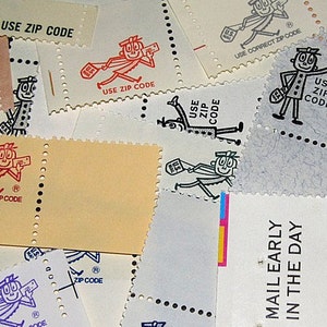 May include: A collection of vintage postage stamps featuring a cartoon postman with the text "Use Zip Code" and "Mail Early in the Day".
