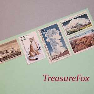 PARQUES NACIONALES .. Sellos postales antiguos de EE. UU. sin usar .. Correo 5 cartas / Tarifa de 73 centavos / Yellowstone / Puma / Lugares de vacaciones / Vida silvestre