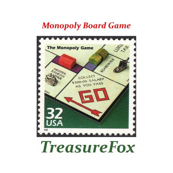 Five 32c Monopoly Board Game Stamps .. Unused US Postage Stamps .. Board Games | Boardwalk and Park Place | Monopoly Tokens | Monopoly Man