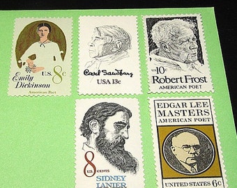 POÈTES | Timbres-poste vintage inutilisés | Courrier 5 lettres | 55 centimes | Poètes américains | Poésie | Littérature | Émilie Dickinson | Robert Frost