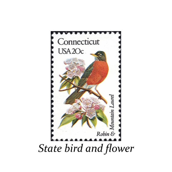 Five 20c CONNECTICUT State Bird and Flower stamps | Vintage Unused US  Postage Stamp | New England Bride | Nautical | Northeast Bride | Love