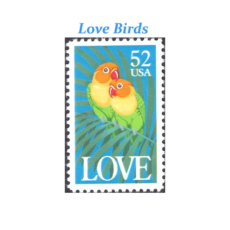 VIJF 52c Love Birds-postzegels... Ongebruikte Amerikaanse postzegels Liefdestempel Dwergpapegaaien Tropische bruiloft verzendkosten Valentijn Liefdesbrieven post afbeelding 1