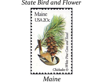 Five 20c MAINE State Bird and Flower stamp | Vintage Unused US Postage Stamp | Northeast Bride | Boho Wedding | Chickadee | Love | Pine Cone