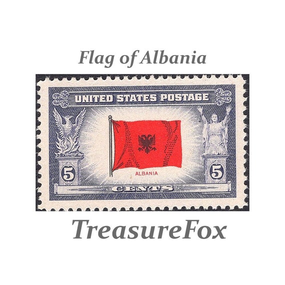 TEN 5c Flag of Albania .. Unused US Postage Stamps Pack of 10 Stamps the  Alps Skiing Mediterranean Honeymoon Stamps for Mailing 