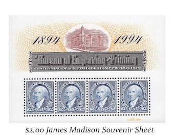 Vier 2-Dollar James Madison Briefmarken | Vintage Unbenutzte Briefmarken | Kleinbogen | Klassische Stempel | Blaues Hochzeitsporto | Schwer zu finden