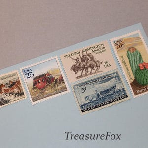 WAGONS WEST .. Sellos postales antiguos sin usar .. Correo 5 cartas / Franqueo de invitación de boda / Plantas de cactus / Colonos del salvaje oeste / 73 centavos