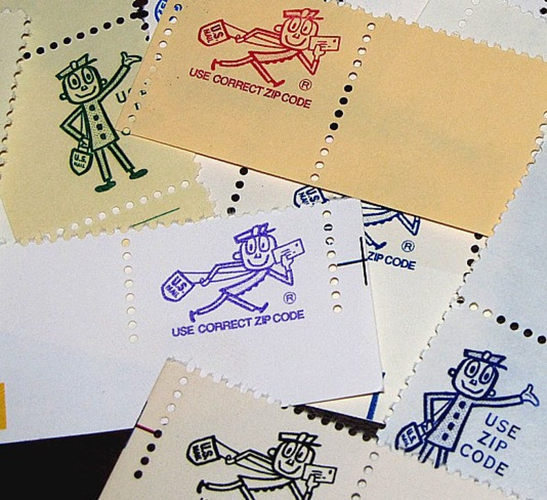 May include: A collection of vintage postage stamps featuring a cartoon postman with the text "Use Correct Zip Code". The stamps are in various colours, including blue, purple, red, and green.