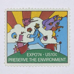 Sello postal estadounidense antiguo sin usar de 10 centavos, Peter Max, 1974. Paquete de 10 sellos. Artista de la cultura pop, arte arcoíris, carteles vintage, arte del rock and roll.