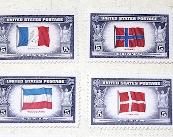 Vintage Unused US Postage Stamps .. OVERRUN NATIONS Flags set of 13 stamps .. Issued in 1943