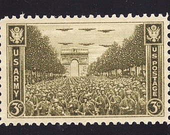 TEN 3c U.S. Army WWII stamp 1945.. Pack of 10 Vintage Unused US Postage Stamps. Army soldiers march in Paris, Liberation of France