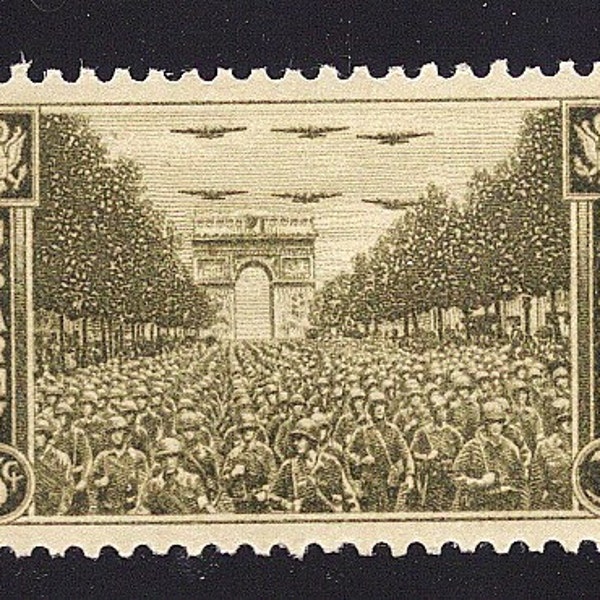 TEN 3c U.S. Army WWII stamp 1945.. Pack of 10 Vintage Unused US Postage Stamps. Army soldiers march in Paris, Liberation of France