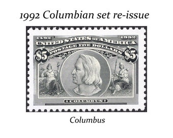 One Five Dollar Columbus Portrait on Stamp .. Vintage Unused US Postage Stamps | Discovery of America | 1992 Re-issue Set | Scarce stamp