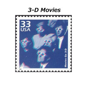 May include: A blue and white 33 cent US postage stamp featuring a group of people wearing 3D glasses. The stamp says "Movies Go 3-D" and "33 USA".