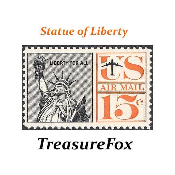 TEN 15c Statue of Liberty Airmail Stamp .. Vintage Unused US Postage Stamps  .. Pack of 10 New York City Big Apple Immigrants 