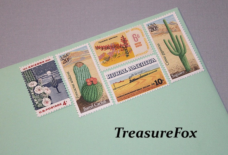 SOUTHWESTERN DESERTS .. Unused Vintage Postage Stamps 68 cent rate mail 5 letters Wedding invitation postage Desert plants Western image 1