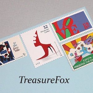 ME ENCANTA EL ARTE moderno. Sellos postales antiguos sin usar. Correo 5 cartas / Calder móvil / Pollack / Warhol / Peter Max / pintura / tarifa de 73c