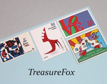 LOVE Modern ART .. Unused Vintage Postage Stamps .. Mail 5 letters | Calder mobile | Pollack | Warhol | Peter Max | painting | 78c rate