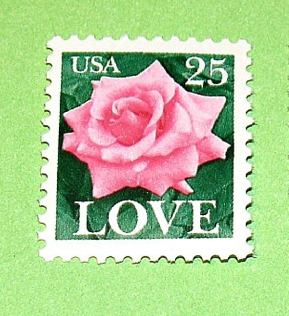 LOVE Stamp Set of 50 .. Unused Vintage Postage Stamps .. 25 cent PINK ROSE.  Floral Love stamp for mailings and wedding invitations. Brides