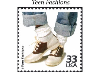 Vijf 33c Teen Fashion-stempel | Ongebruikte Amerikaanse postzegels | Pennyloafer | jaren 50 | Bobby-sokken | spijkerbroek | Poedelrokje | Postzegels voor verzending