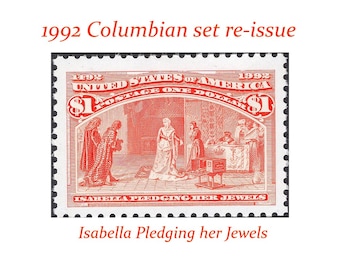 One 1.00 Isabella pledging her jewels Stamp .. Vintage Unused US Postage Stamps | Discovery of America | 1992 Columbian Re-issue | Scarce