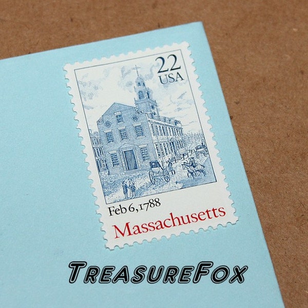 Vintage Unused US Postage Stamp ..  22c MASSACHUSETTS Statehood stamp of 1988 .. Pack of 10 stamps. Boston, Harvard, Celtics, Red Sox