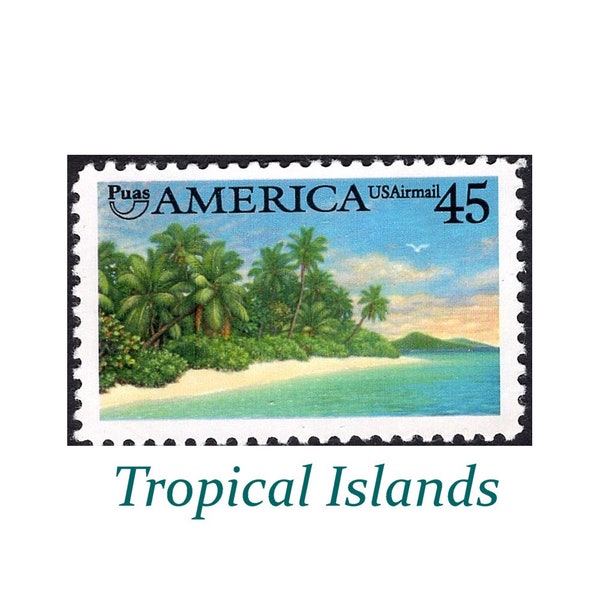 FIVE 45c Tropical Island stamp | Vintage Unused US Postage Stamps | Tropical Wedding | Caribbean Wedding | Beach Wedding | Bahamas | WOW!