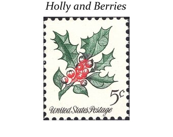 Pack de 10 .. Houx américain et baies | timbres-poste américains vintage inutilisés | Vert et Rouge | Conifères | Botaniques | Timbres à envoyer