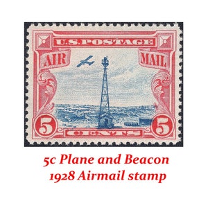 5c Mail Plane and Beacon Airmail Stamp de 1928 / Scott C11 / Vintage Sellos postales no utilizados / Rocky Mountains / Colección de sellos / Década de 1920