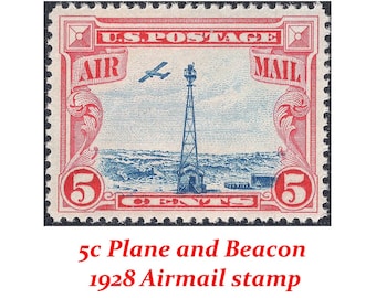 5c Mail Plane and Beacon Airmail Stamp of 1928 | Scott C11 | Vintage Unused postage stamps | Rocky Mountains | Stamp collecting | 1920s