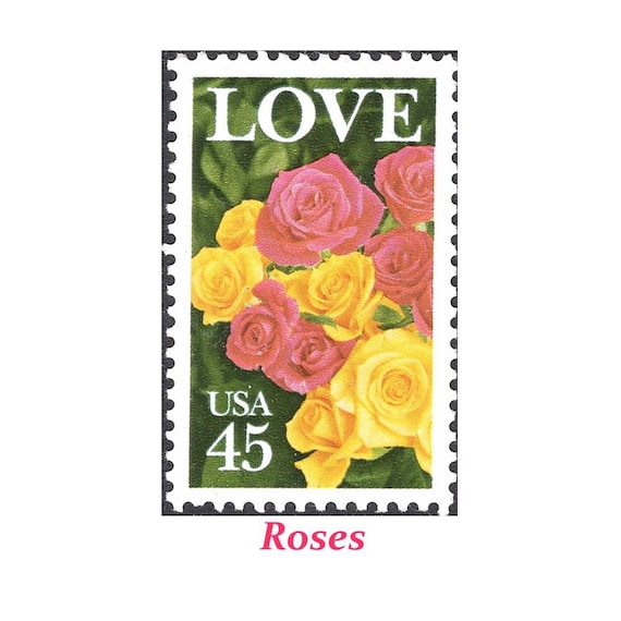 FIVE 45c Pink and Yellow Roses Love Stamps .. Unused US Postage Stamps |  Love Stamp | Wedding Flowers | Valentine | Love Letters Mail | Rose