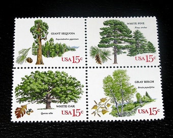 Vintage MINT ongebruikte Amerikaanse postzegels... 20 Amerikaanse bomen postzegels... 4 verschillende bomen uitgelicht, bosbruiloften, natuurjachten, vogels, vos