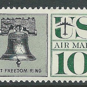 DIEZ sellos postales de 10 c de Liberty Bell para correo aéreo. Paquete de 10 sellos postales estadounidenses antiguos sin usar. Vacaciones en una gran ciudad, Filadelfia, amor fraternal, suena una campana