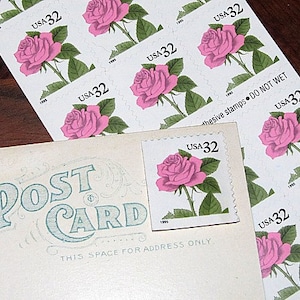 Roses roses 32 c. 20 timbres-poste vintage inutilisés | Frais de port de mariage | Saint-Valentin | Lettres d'amour | autocollant | Fleurs de mariage