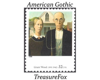 FIVE 32c Grant Wood "American Gothic" painting stamp .. Vintage Unused US Postage Stamps | American Art | Folklore Art stamp | Painting