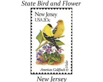 FIVE 20c New Jersey State Bird and Flower stamps | Vintage Unused US Postage Stamp | Goldfinch | Violet | Wedding Flowers | Love Birds