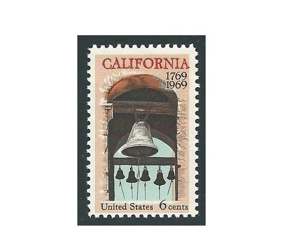 Pack of 10 stamps .. 6c California Settlement 200th Anniversary .. Vintage  Unused US Postage Stamps. Big Sur, San Francisco, Church Bells