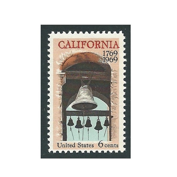 Pack of 10 stamps .. 6c California Settlement 200th Anniversary .. Vintage Unused US Postage Stamps. Big Sur, San Francisco, Church Bells