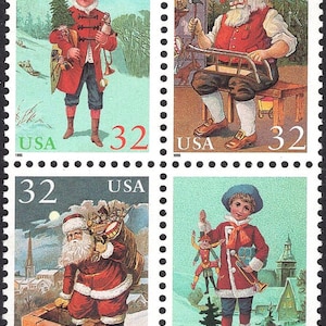 DEZ selos de 32c Papai Noel e crianças .. Selos postais antigos não utilizados dos EUA | Saudações da estação | Cartões postais | Cartão de Natal | Natal vitoriano