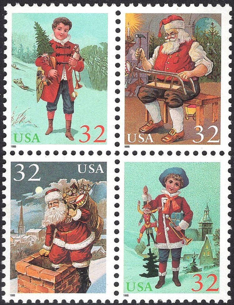 32セントのサンタと子供の切手10枚.. ヴィンテージの未使用米国郵便