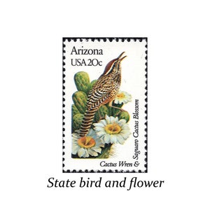 Cinco sellos de aves y flores del estado de ARIZONA 20c / Sello postal vintage no utilizado de EE. UU. / Cactus / Desierto / Boda del suroeste / Pájaros / Amor